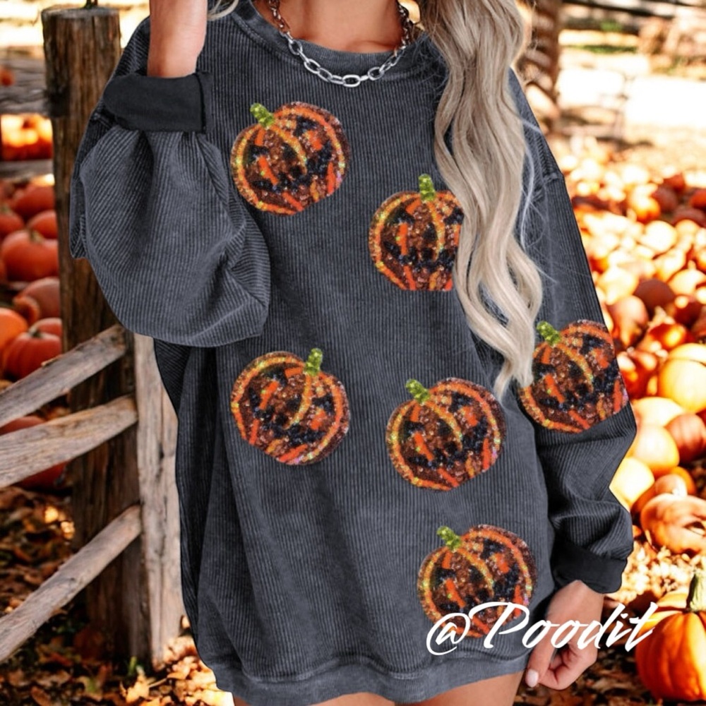 POODIT sequin pumpkin corded/thermal texture oversized pull over sz S M L XL